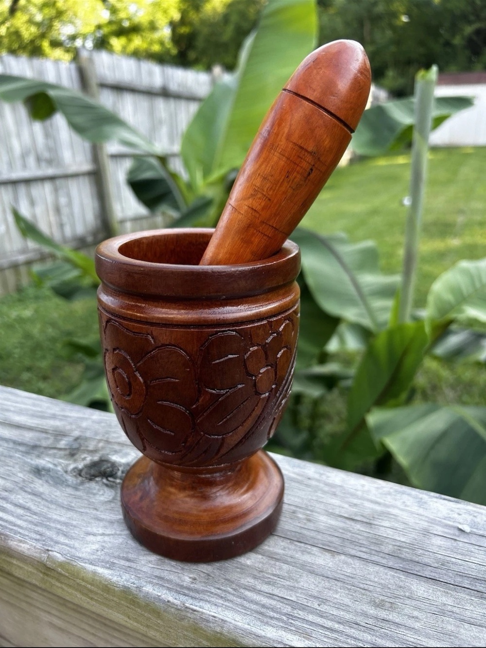 Wooden Mortar Pestle Set Herb Crusher Hand Carved Large MINT